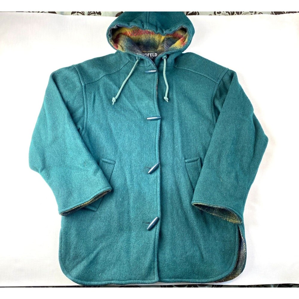 JOFELD Chore BARN COAT! GREEN WOOL w Plaid Trim Hood & Cuffs! MADE IN USA Sz S